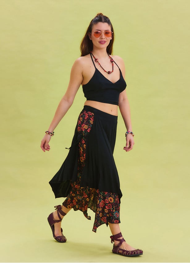 Black Skirt with Elastic Waist and Tie Detail 4519